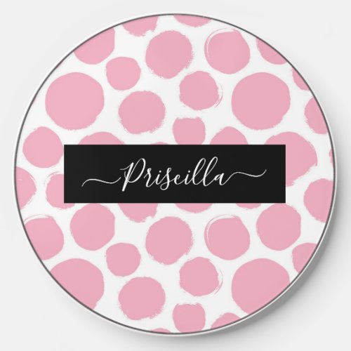 Pink Polka Dots with Custom Name Wireless Charger