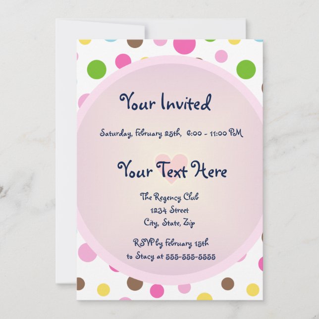 Pink Polka Dots with Heart Invitation (Front)