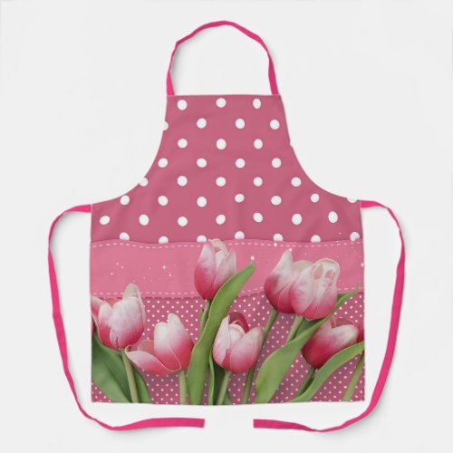 Pink Polka Dots with Pretty  Pink Tulips Apron