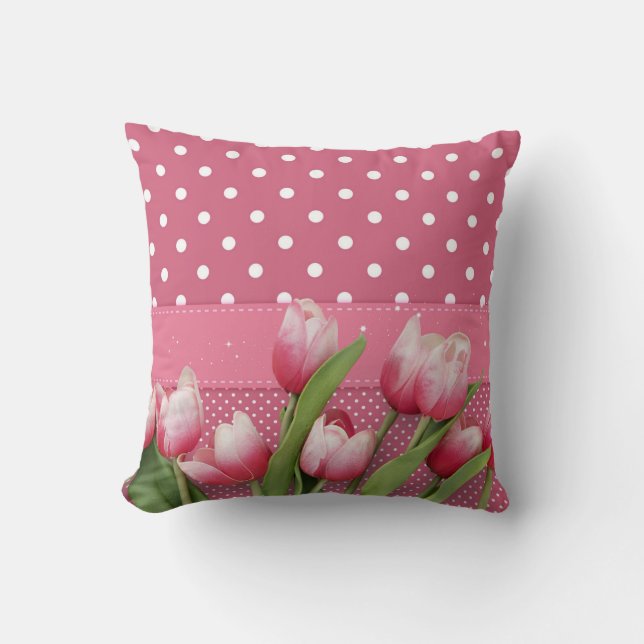 Pink Polka Dots with Pretty  Pink Tulips,  Throw Pillow (Front)