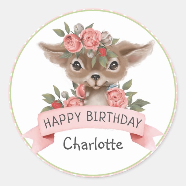 Pink Polka Dots Woodland Deer Birthday for Girl Classic Round Sticker (Front)