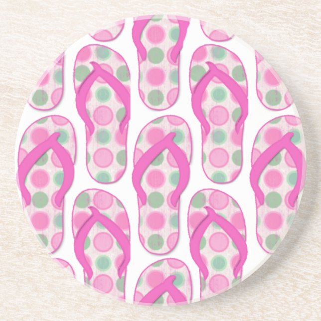 Pink polka dotted flip flop design drink coaster (Front)