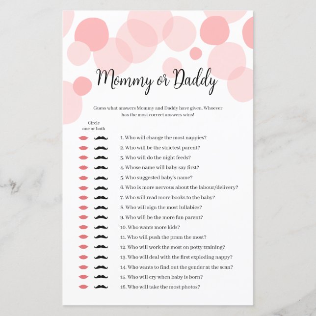 Pink Polka Girl Baby Shower Mommy or Daddy Game (Front)