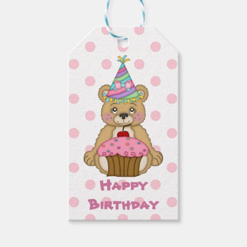 Pink Polkadot Bear Birthday Gift Tags