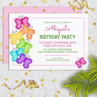 Pink Polkadot Butterfly Birthday Invitation