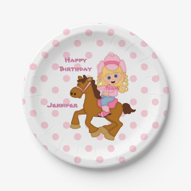 Pink Polkadot Cowgirl Birthday Paper Plates (Front)