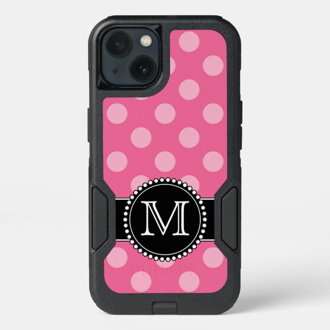 Pink Polkadot, Personalized, Monogrammed Defender Otterbox iPhone Case (Back)