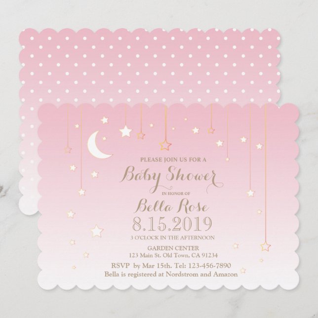Pink Polkda Dots Moon Star Baby Shower Invite (Front/Back)