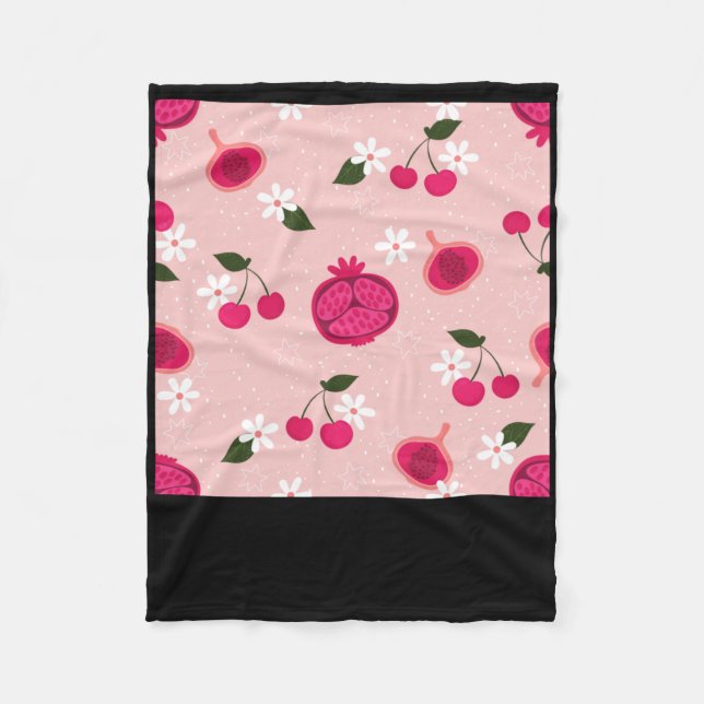 Pink Pomegranate Fruit Cherry Floral Daisy Sticker Fleece Blanket (Front)