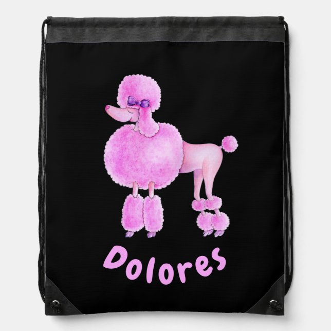 Pink poodle art personalized black pet dog drawstring bag (Front)