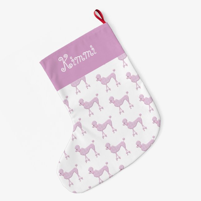 Pink Poodle Christmas Name Cute Large Christmas Stocking (Back (Hanging))