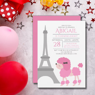 Pink Poodle Eiffel Tower Adorable Birthday Party Invitation