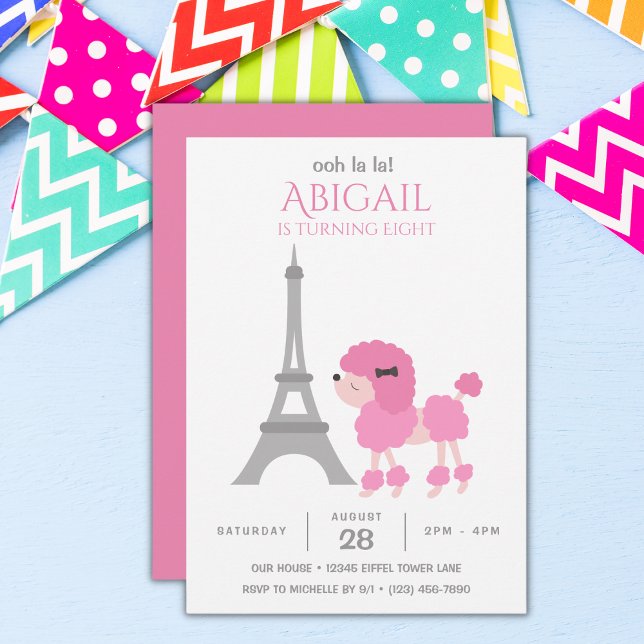 Pink Poodle Eiffel Tower Adorable Birthday Party Invitation (Creator Uploaded)