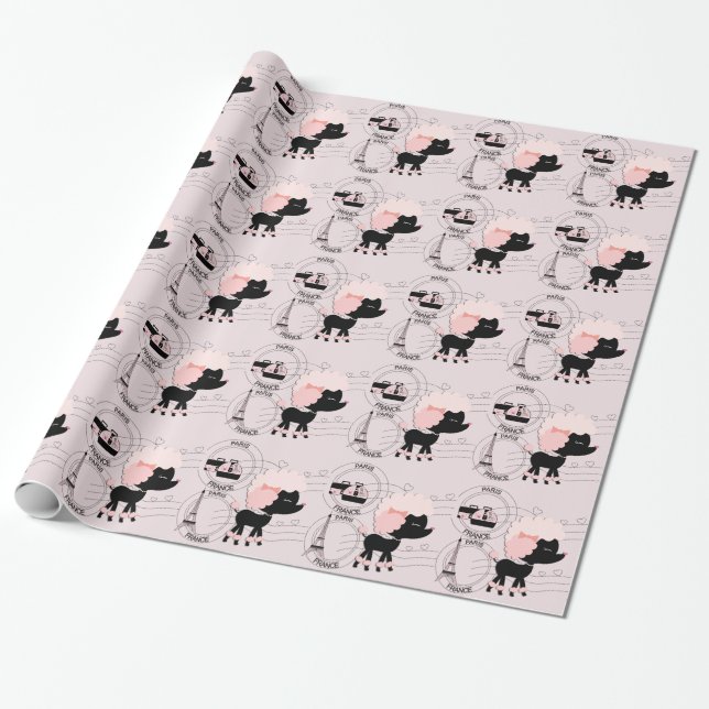 Pink Poodle Eiffel Tower Paris Wrapping Paper (Unrolled)
