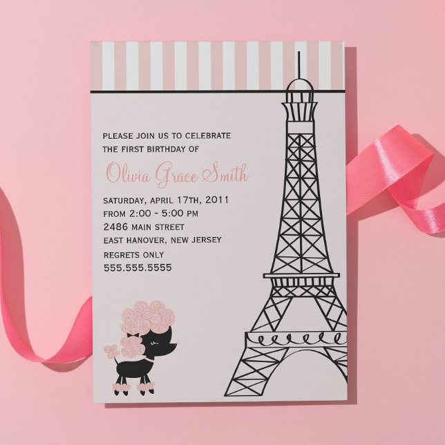 Pink Poodle in Paris Birthday Invitation