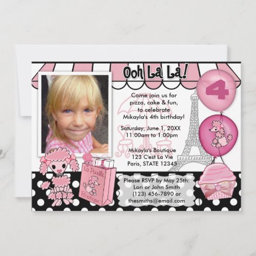 Pink Poodle in Paris Birthday Invitation