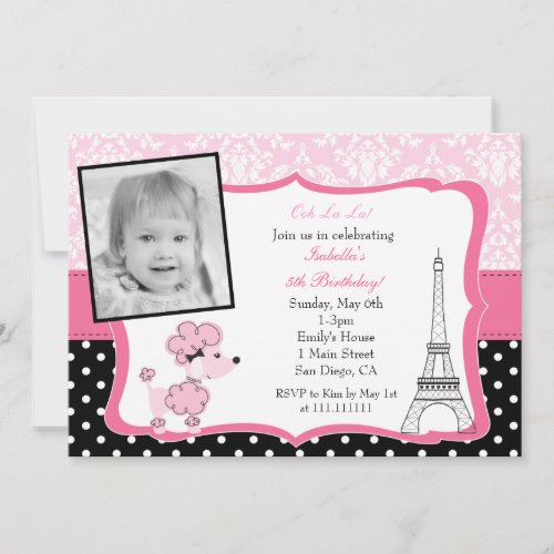 Pink Poodle in Paris Photo Birthday Invitation