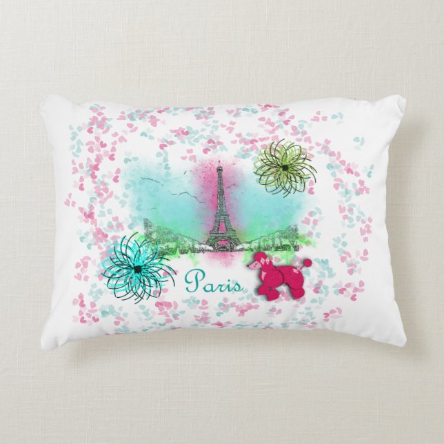 Pink Poodle Paris Eiffel Tower Accent Pillow (Front)