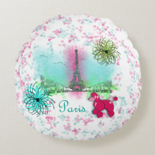 Pink Poodle Paris Eiffel Tower Round Pillow
