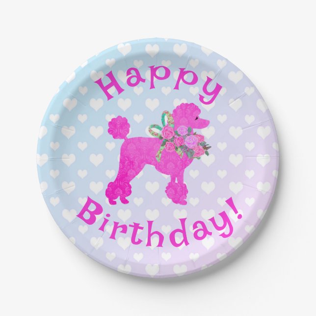 Pink Poodle Party Girls Happy Birthday Paper Plates (Front)