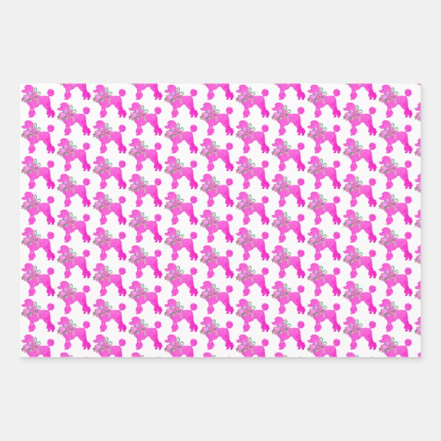 Pink Poodle Party Matching Wrapping Paper Sheets (Front)