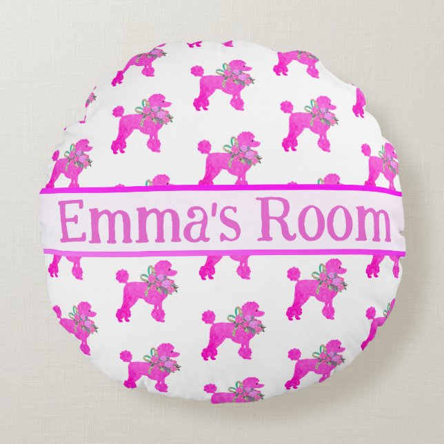Pink Poodle Personalized Round Pillow (Front)