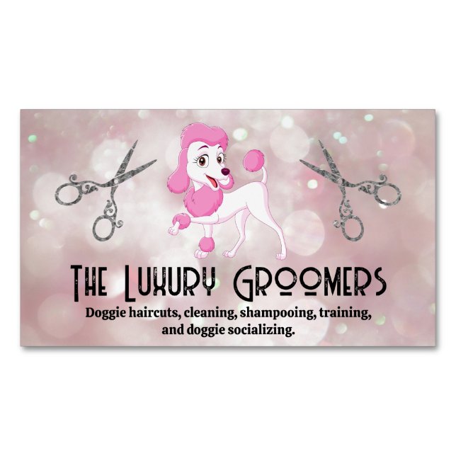 Pink Poodle | Salon Scissors | Bokeh Business Card Magnet (Front)