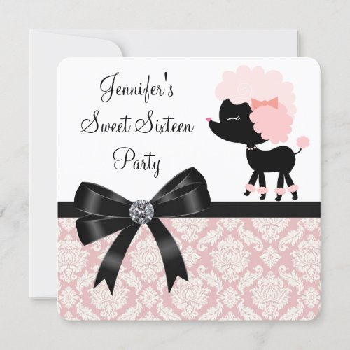 Pink Poodle Damask Sweet 16 Birthday Party Announcement