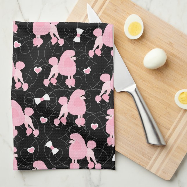 Pink Poodles and Bows Pattern Black Kitchen Towel (Quarter Fold)