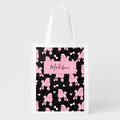 Pink Poodles and Bows Pattern Black Name Monogram Grocery Bag