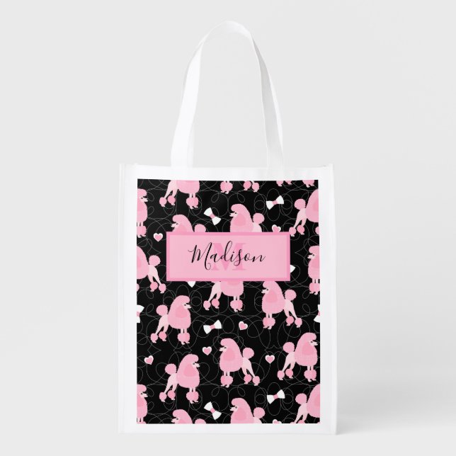 Pink Poodles and Bows Pattern Black Name Monogram Grocery Bag (Front)