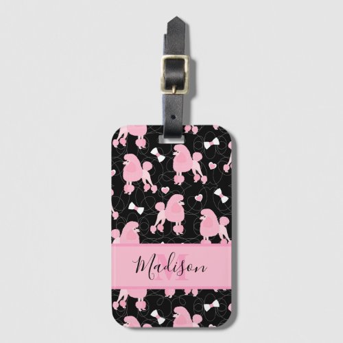 Pink Poodles and Bows Pattern Black Name Monogram Luggage Tag