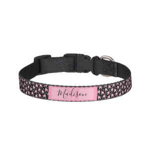 Pink Poodles and Bows Pattern Black Name Monogram Pet Collar