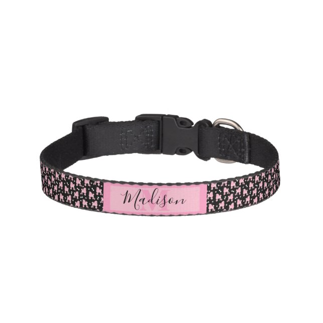 Pink Poodles and Bows Pattern Black Name Monogram Pet Collar (Front)