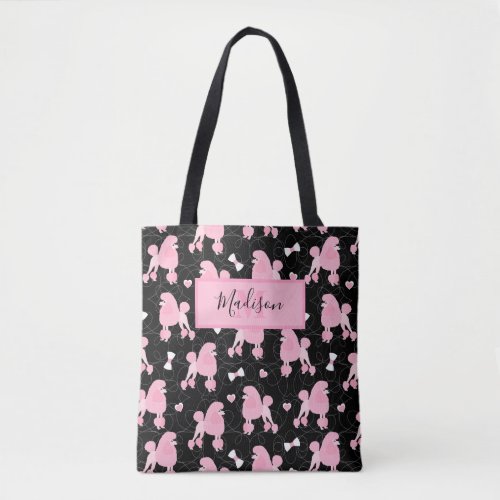 Pink Poodles and Bows Pattern Black Name Monogram Tote Bag