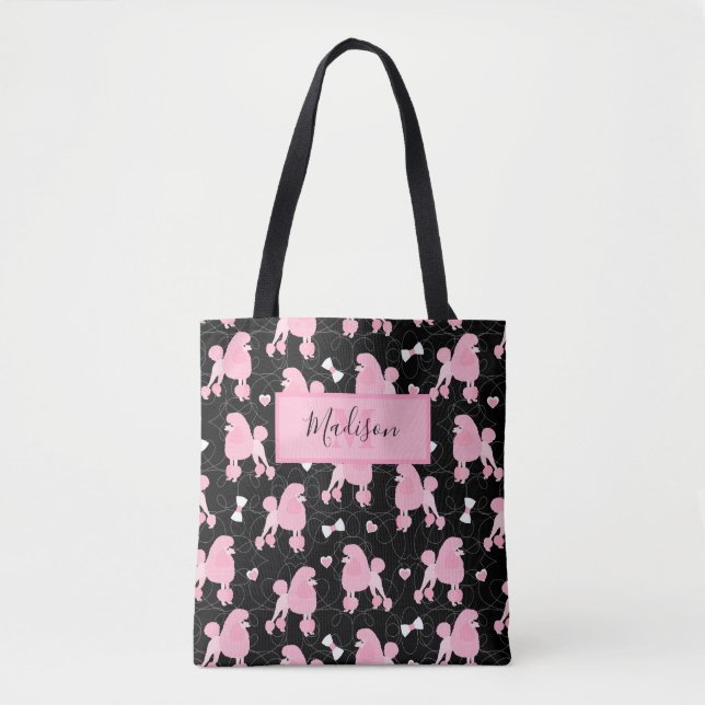 Pink Poodles and Bows Pattern Black Name Monogram Tote Bag (Front)
