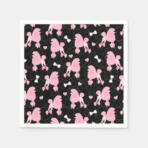 Pink Poodles and Bows Pattern Black Napkins