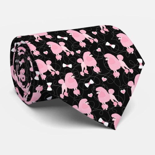 Pink Poodles and Bows Pattern Black Neck Tie