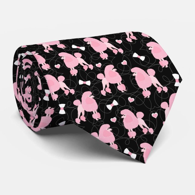 Pink Poodles and Bows Pattern Black Neck Tie (Rolled)