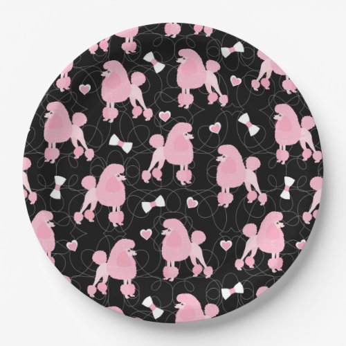 Pink Poodles and Bows Pattern Black Paper Plates