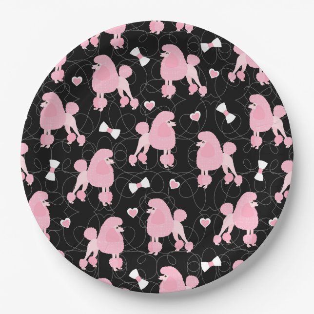 Pink Poodles and Bows Pattern Black Paper Plates (Front)