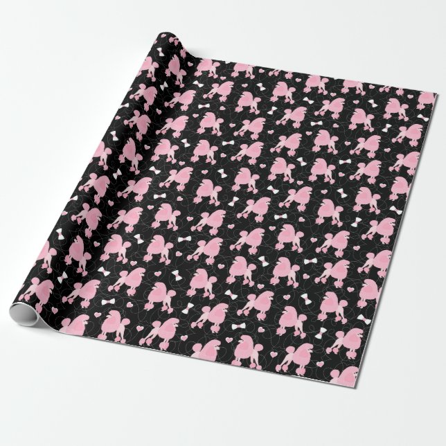 Pink Poodles and Bows Pattern Black Wrapping Paper (Unrolled)