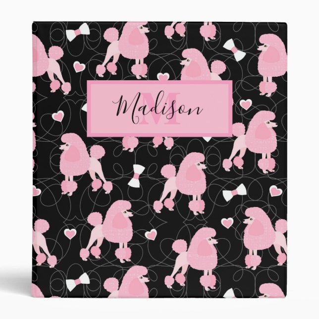Pink Poodles and Bows Pattern Name and Monogram 3 Ring Binder (Front)