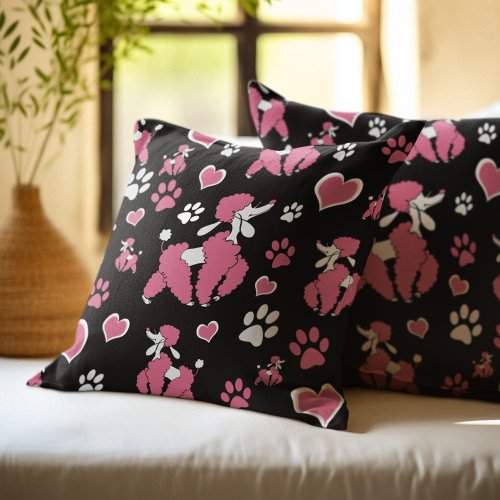 Pink Poodles and Paw Prints Pattern Throw Pillow