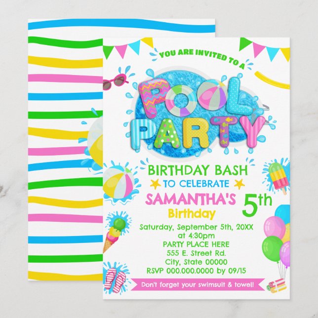 Pink Pool Birthday Children Party Invitation (Front/Back)