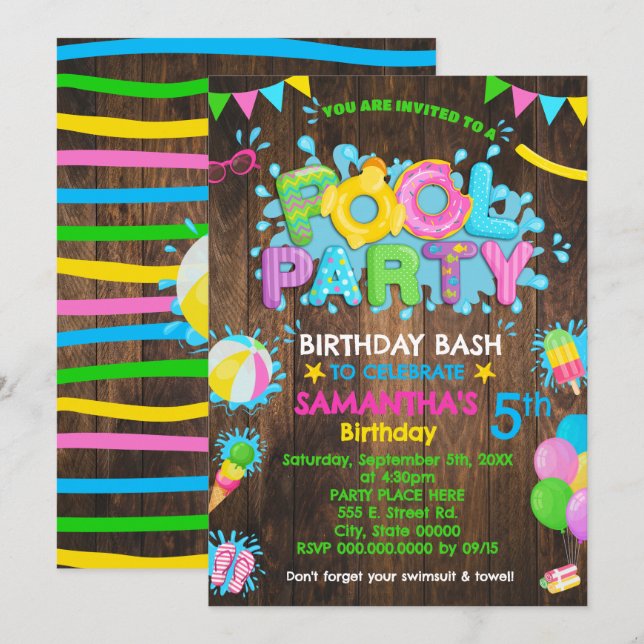 Pink Pool Birthday Party Rubber Duck Wooden Invitation (Front/Back)