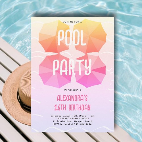 Pink Pool Birthday Party Umbrellas Cool Sweet 16 Invitation