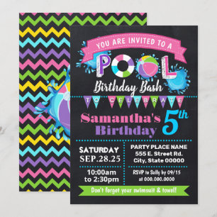 Pink Pool birthday summer bash chalkboard Invitation