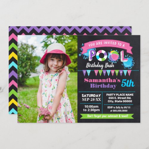 Pink Pool birthday summer bash chalkboard photo Invitation