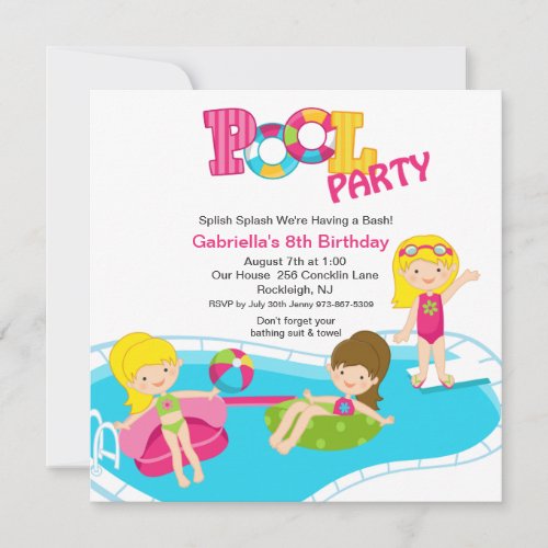 Pink Pool Party All Girls  Birthday Invitation